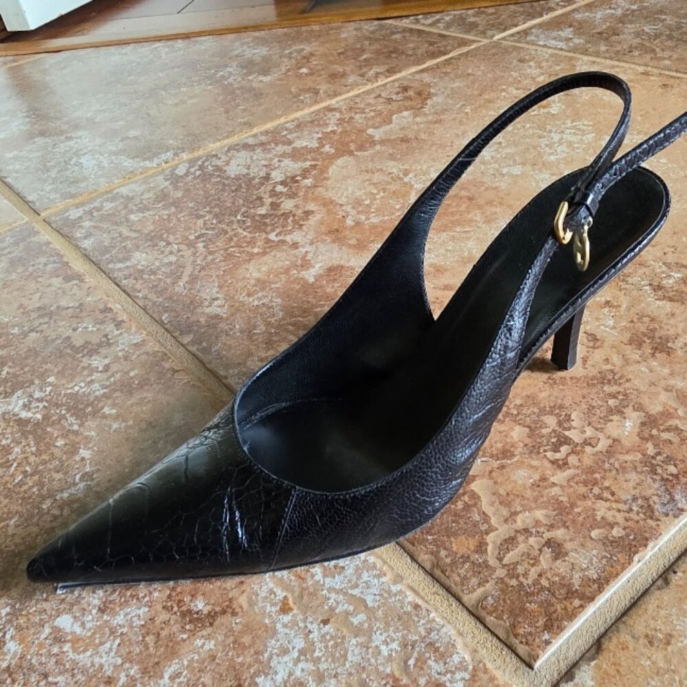 Gucci Black Lizzard Bamboo Accent Heels Slingback Pumps 7B